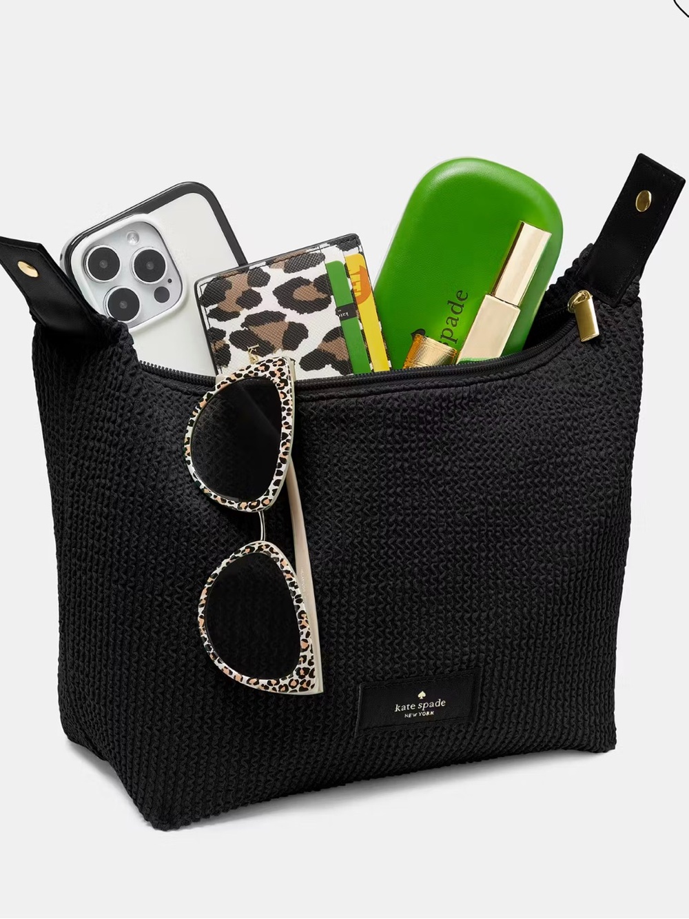 Kate Spade ♠️ Ribbed Cosmetic Bag Black Woven Mini Top-Handle Bag NWT - Picture 2 of 6